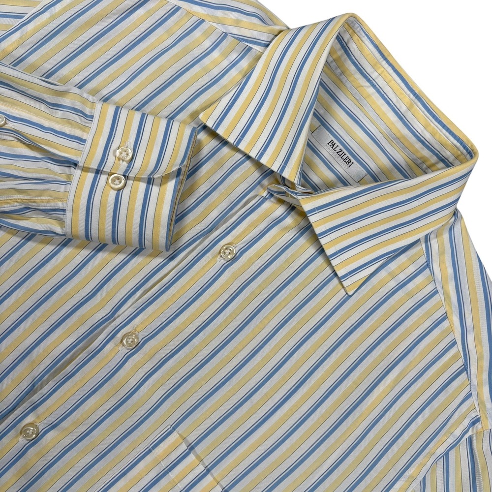Pal Zileri Striped Dress Shirt Mens 15.5 Blue Yellow White Spread Collar Italy